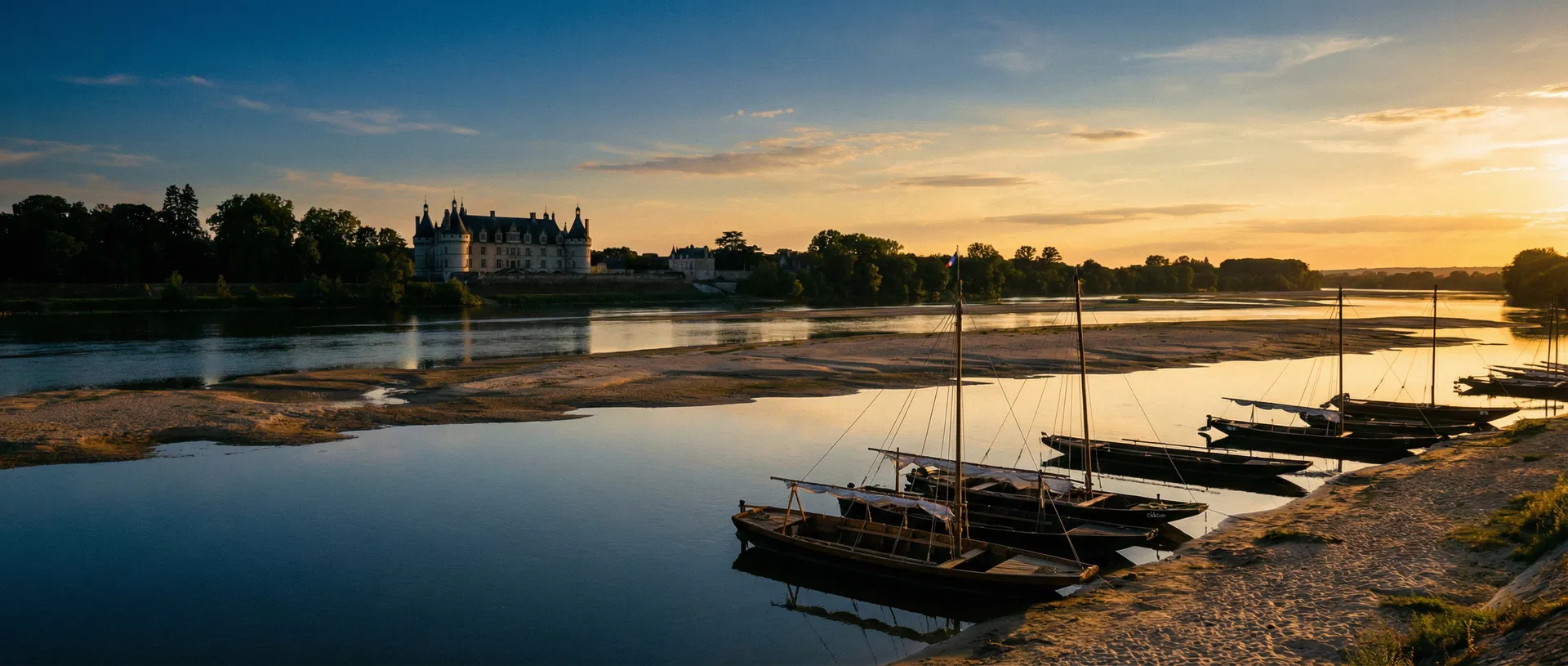 La Loire au coucher du soleil avec des bateaux traditionnels